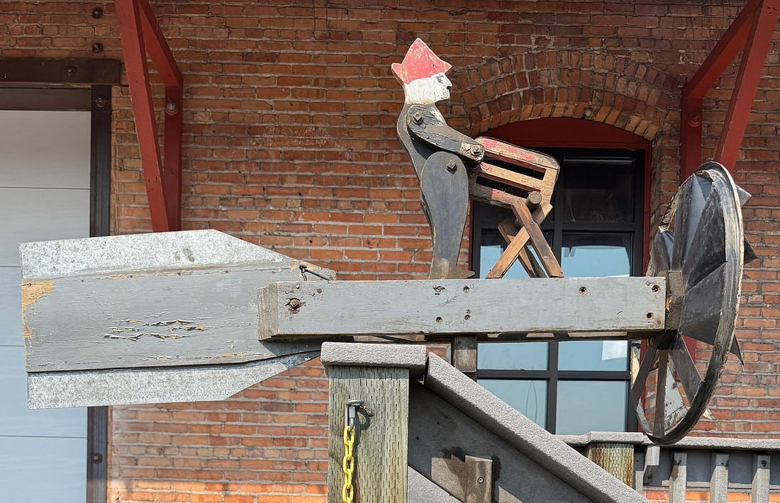 Folk Art Whirligig Man Sawing Wood: 49" by 28" by 19".