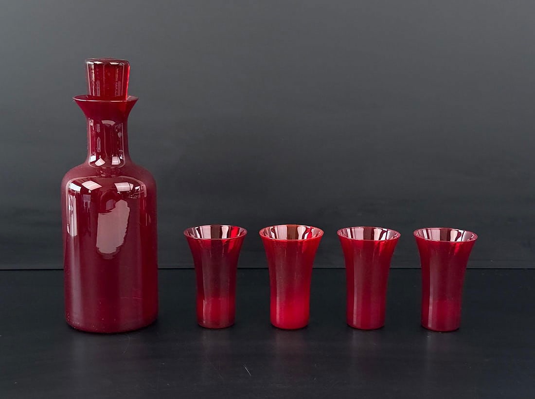 Cranberry Glass Decanter Set: Decanter is 8 5/8" tall.