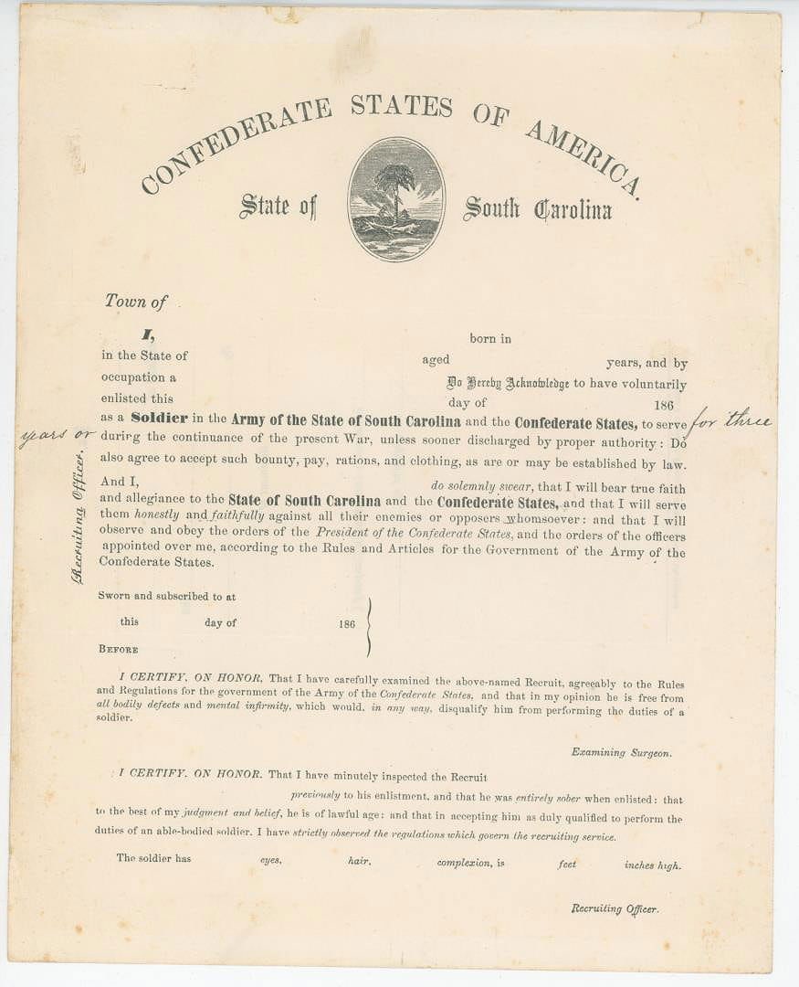 Confederate States of America Enlistment Form: Army of South Carolina. Blank.