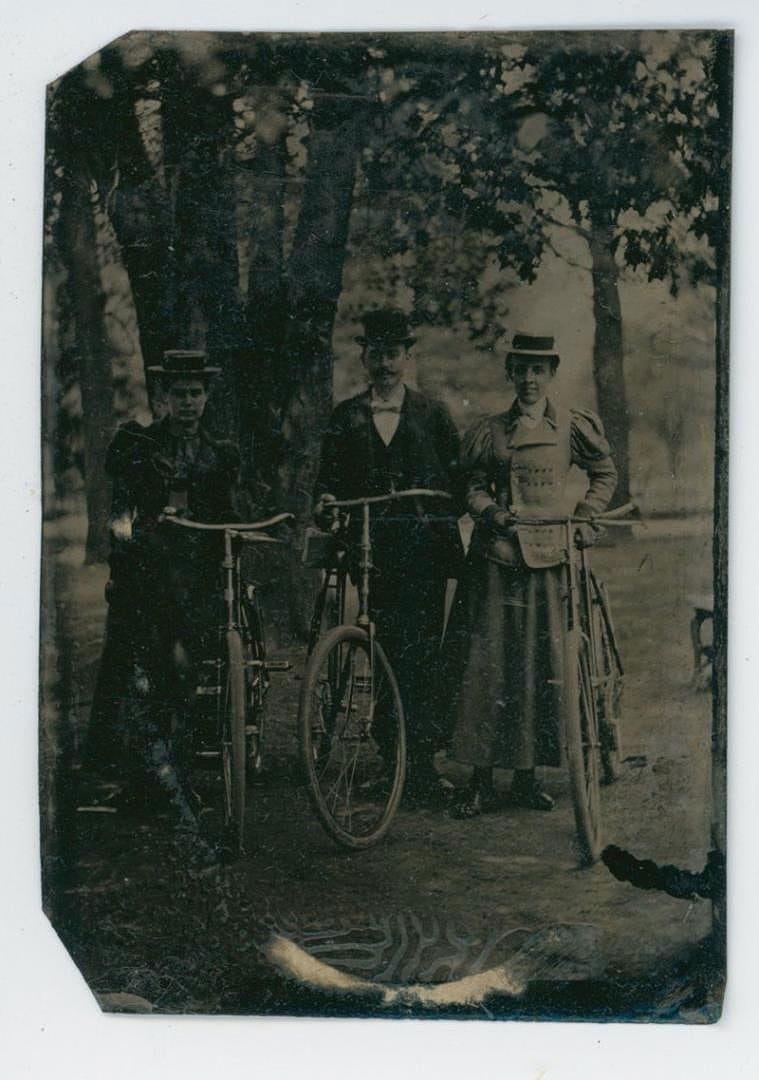 Men and Women Wood Rim Bicycles Tintype Photo: 2 1/2" by 3 1/2"