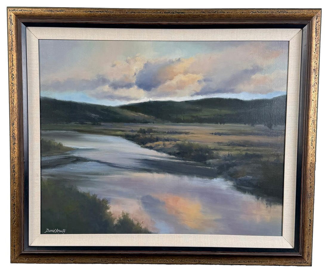 David Marty Calm Evening Oil Painting: Title is Calm Evening. 24" by 30" unframed, 31" by 37" framed. Oil on Canvas. David Marty (Born 1951) is active/lives in Washington, California. David Marty is known for Luminous mountain landscape an