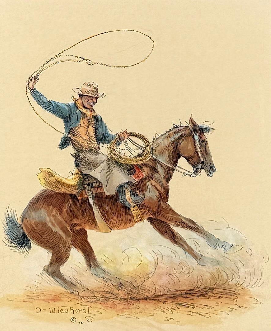 Olaf Wieghorst Roping Cowboy Painting: Title is Roping Cowboy. 8" by 10" unframed, 22" by 26" framed. Watercolor and ink on paper. Olaf Carl Wieghorst (1899 - 1988) was active/lived in California / Denmark. Olaf Wieghorst is known for West