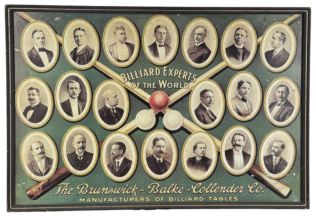 Billiard Experts of the World Poster: 25" by 37 1/2". Made by the Brunswick Balke Collender Co. Print on Masonite.