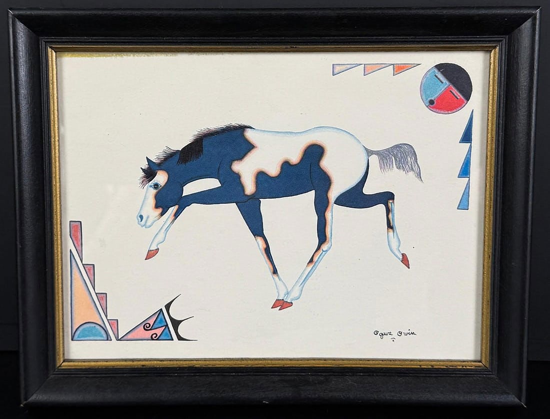 Ramos Sanchez Ogwa Owin Hose Print: Title is Leaping Pinto Horse. 6" by 8" unframed, 6 1/2" by 8 1/2" framed. Ogwa Owin, Ramos Sanchez, Born 1926. Known for: San Ildefonso Pueblo Paintings.