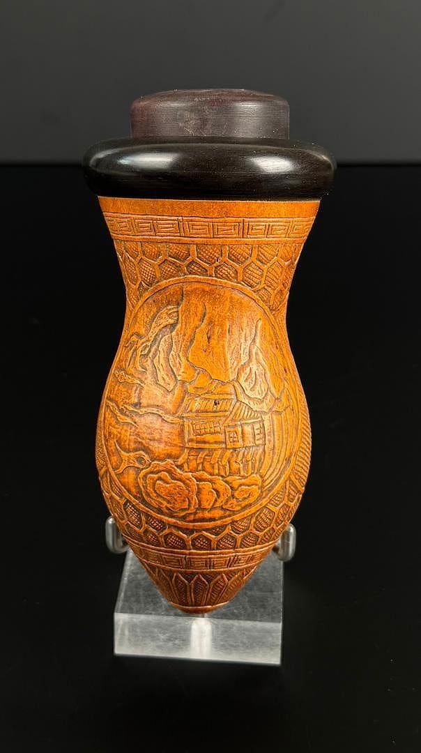 Antique Chinese Gourd Engraved Cricket Cage: Measures 5 3/4" by 2 3/4" by 2 3/4".