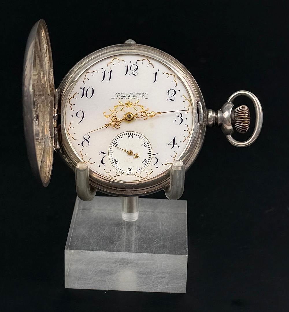 Waltham for Anna Silveira California Pocket Watch: Waltham Model 1899, Grade number 625. 17 jewels, size 16s. Made in 1906. In Working condition but missing the crystal. Nice example of a private label Anna Silveira pocket watch. Anna L. Silveira owne