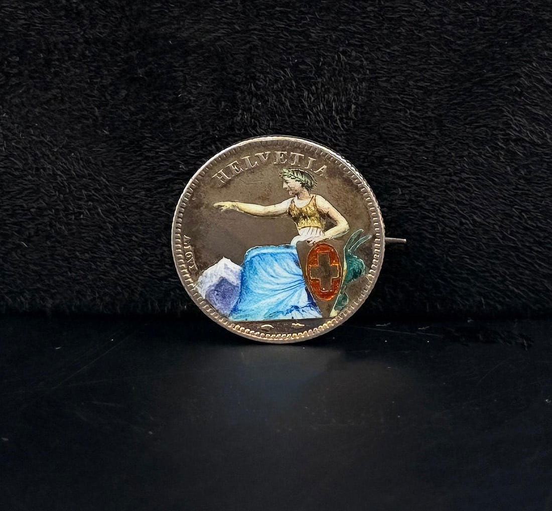 French Enamel Silver Coin Brooch: Weighs 5.34 grams.
