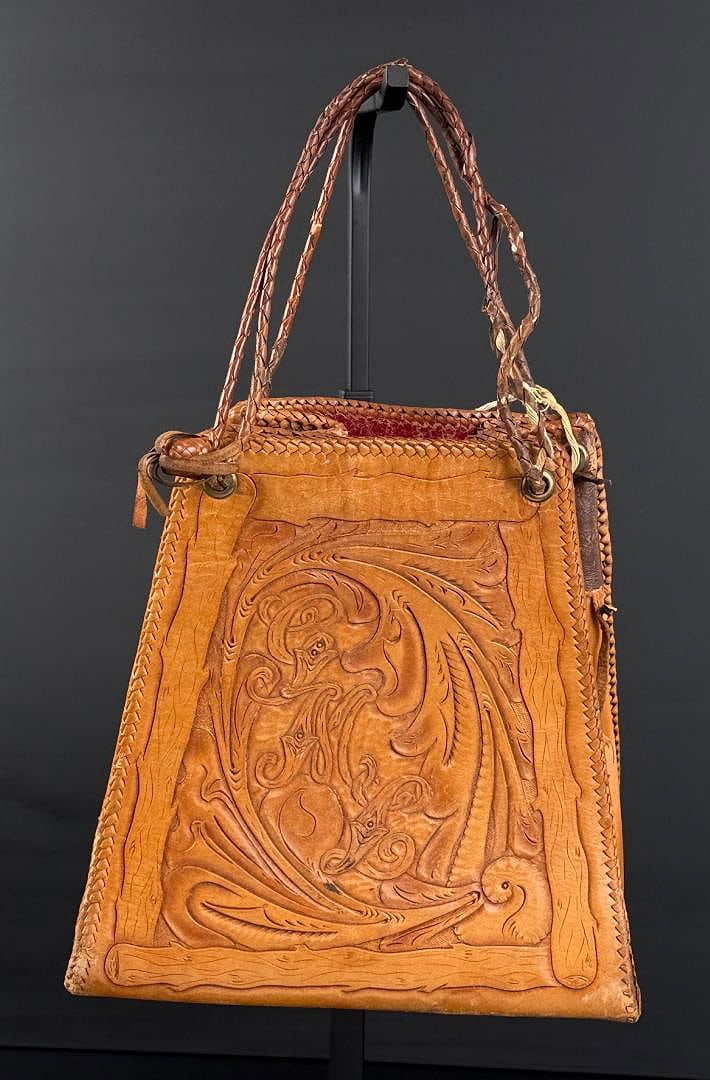 Tooled Leather Cowgirl Hippie Purse: Measures 8 1/2" by 8" by 4 1/2"