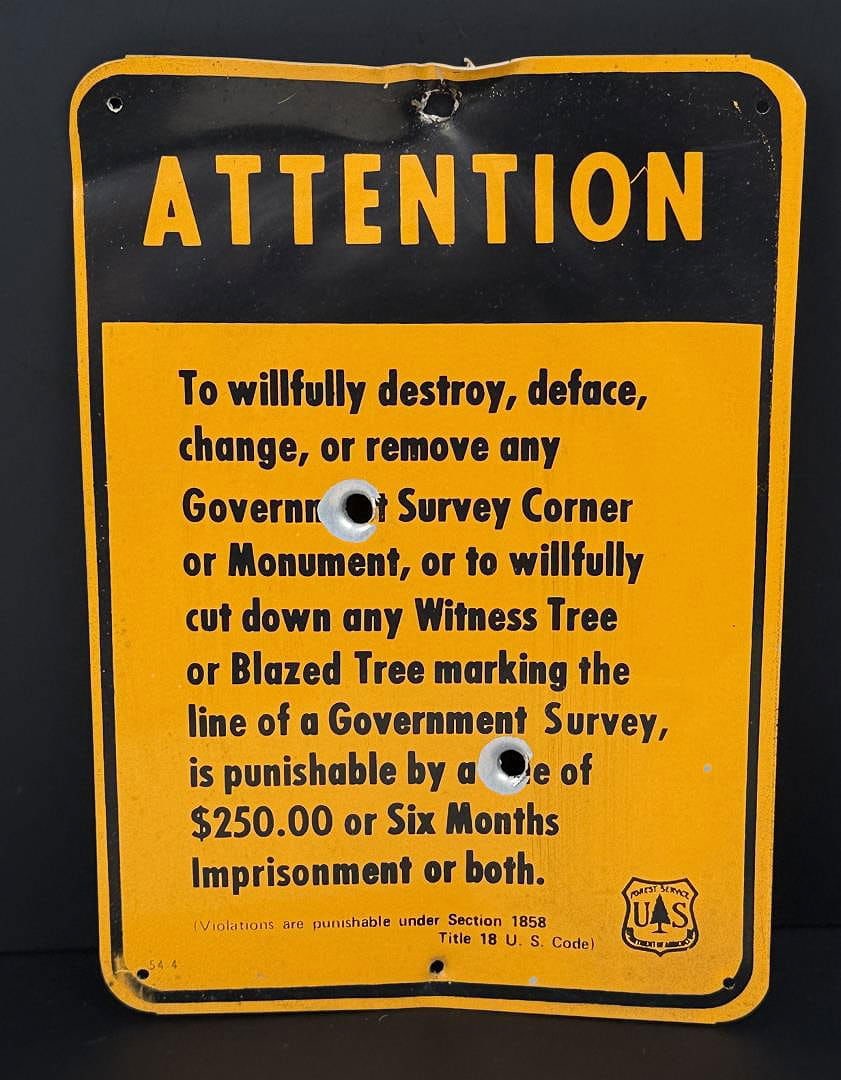 USFS US Forest Service Survey Marker Sign: A few bullet holes. 7" by 10"