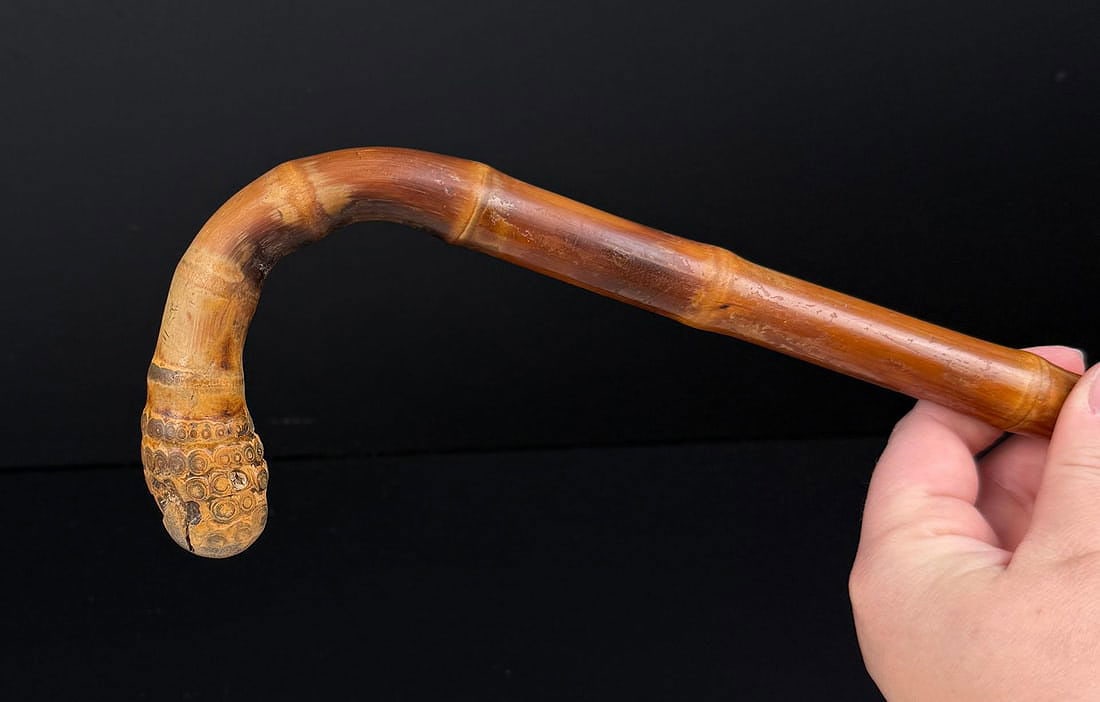 Carved Bamboo Walking Stick Cane: 31 1/3" long.