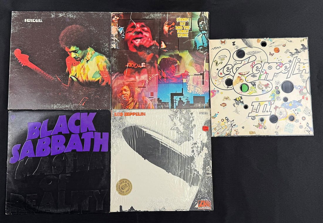 Collection of Classic Rock 33 LP Vinyl Records: Nice Grouping of Led Zeppelin, Jimi Hendrix, and Sly & The Family Stone.