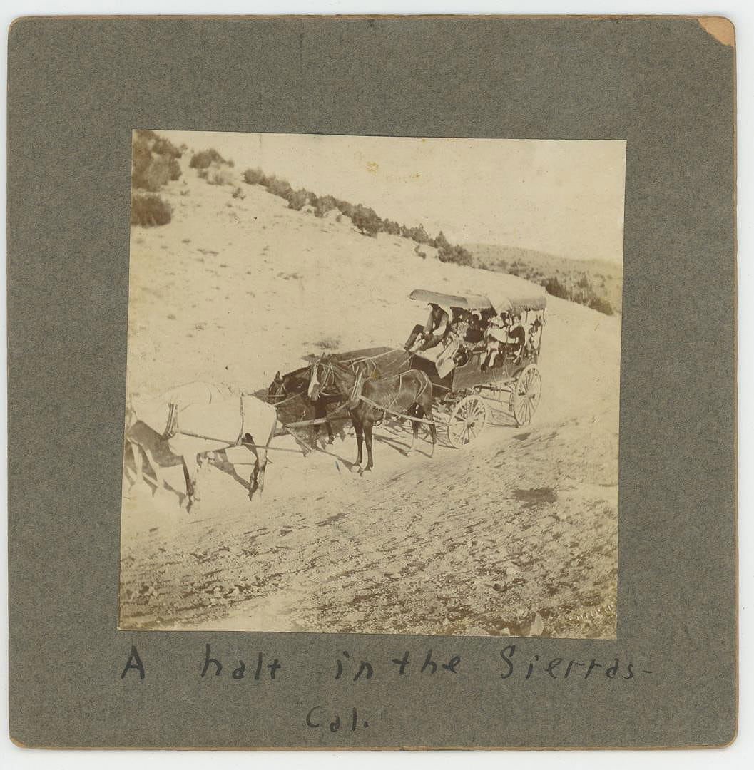 Sierra Nevada California Mountains Cabinet Photo: Title is A Halt in the Sierras. 5" by 5"