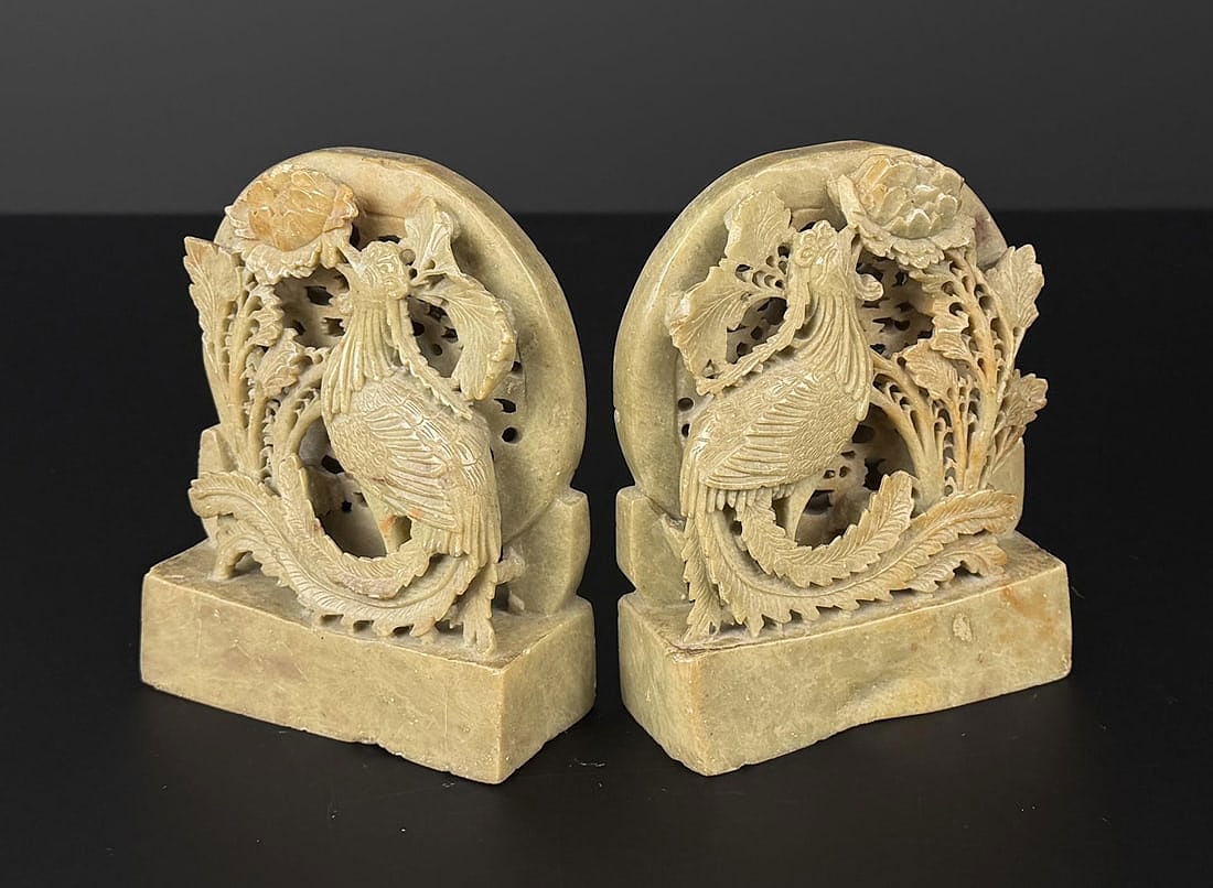 Chinese Soapstone Carved Peacock Bookends: 5" by 4" by 1 1/2".