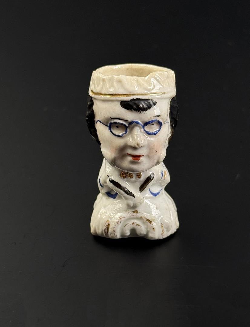 Staffordshire Caricature Toothpick Holder: 2 1/2" by 1 1/4" by 1 1/4".