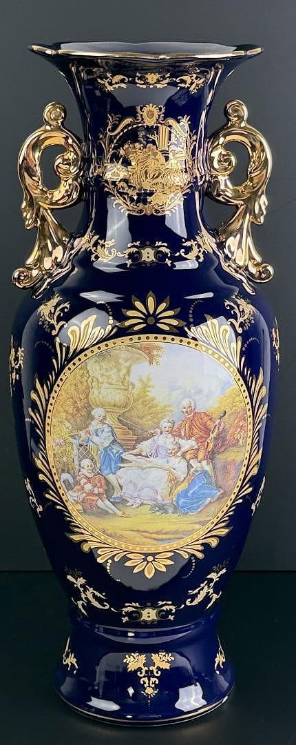 Limoges Porcelain Cobalt Courting Vase: 24" tall, 10" diameter. Last photo is not a chip, but rather a glaze imperfection.
