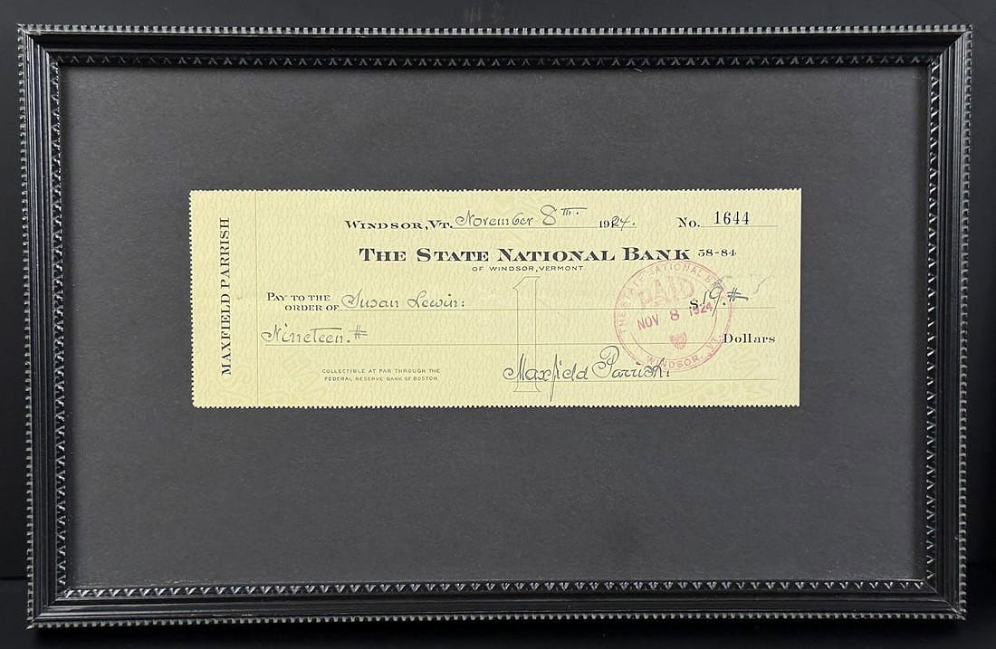 Susan Lewin Maxfield Parrish Signed Check: Made out to Susan Lewin, Parrish's model. 8" by 12 3/4" framed.