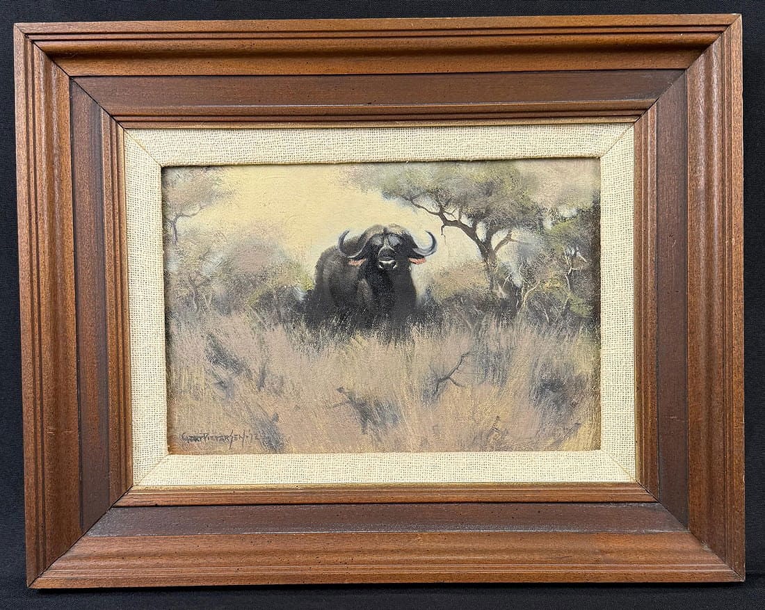 Gert Pietersen African Water Buffalo Painting: Title is Water Buffalo. 8" by 12" unframed. 14" by 18" framed. Oil on Canvas. Gert Pietersen. Born 1930. Known for: Painting.