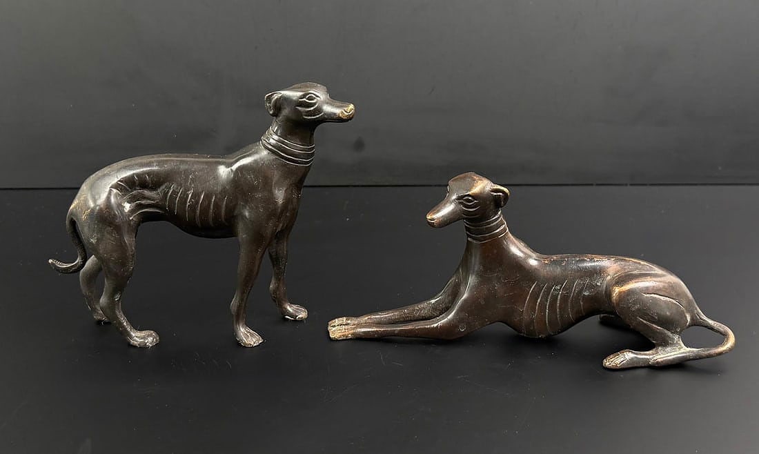 Mid Century Brass Whippet Greyhounds: 6 1/2" by 5 3/8" by 1 3/4"
