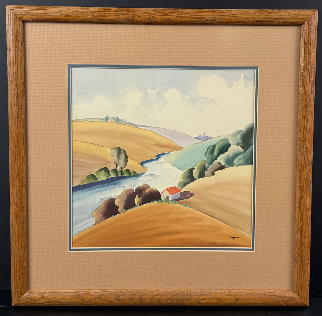 WPA Style Signed Watercolor Painting: 12" by 12" unframed, 19 1/2" by 19 1/2" framed. Signature is illegible, painting signed as shown.