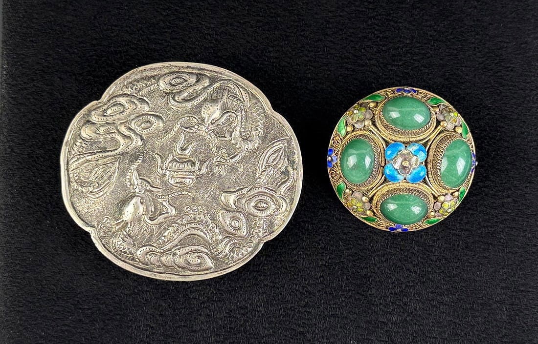 Chinese Export Silver Brooch and Drop: Pendant measures 2 1/4" long. Brooch measures 1 1/2" long.