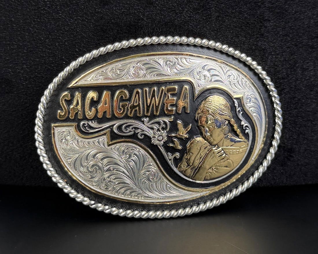 Montana Silversmiths Sacagawea Cowboy Belt Buckle: 2 1/2" by 3 5/8".