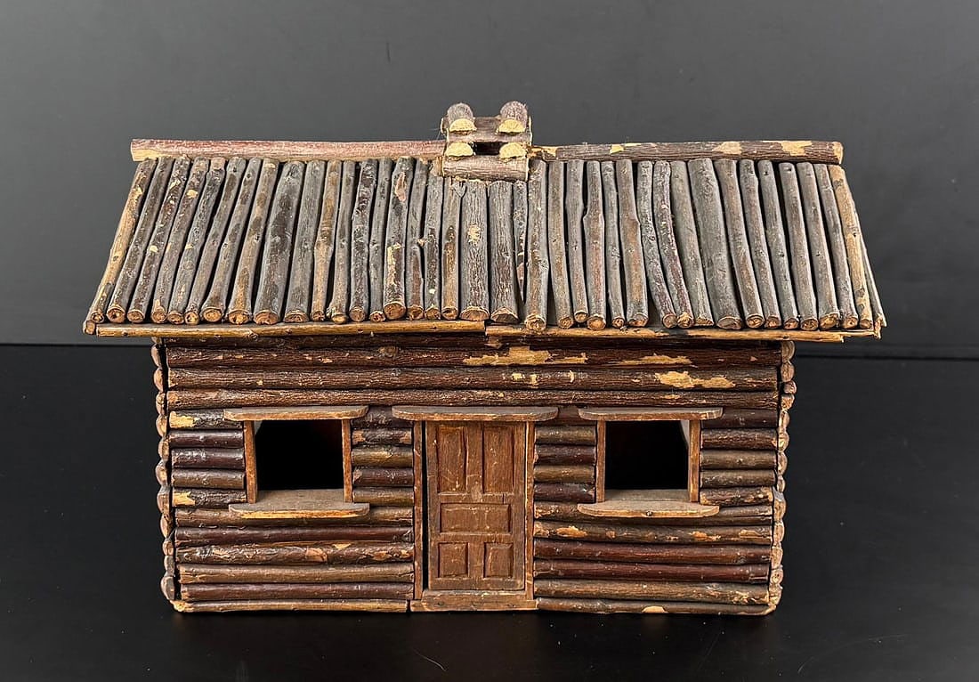 Tramp Art Adirondack Hickory Log Cabin Model: 12 3/4" by 8 3/4" by 8".