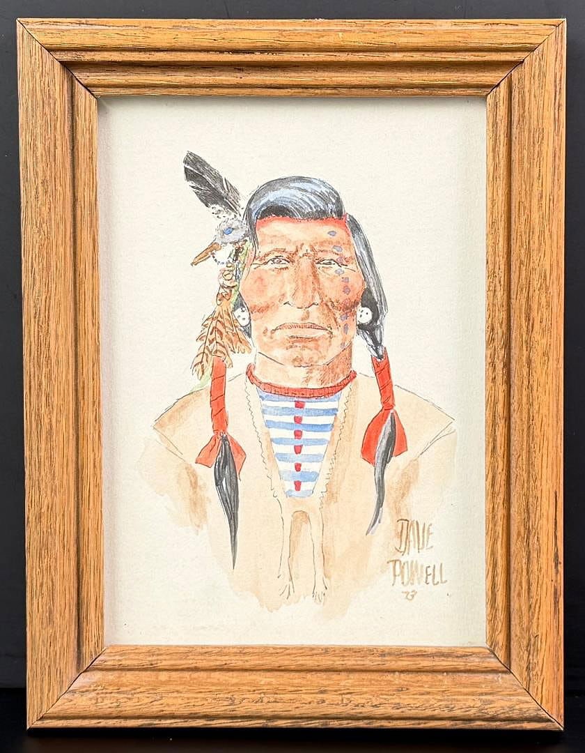Dave Powell Indian Chief Painting: Title is Indian Chief. 5" by 7" unframed. 6 1/2" by 8 1/2" framed. Watercolor on Paper. David (Dave) Powell (Born 1954) is active/lives in Montana. David Powell is known for Western figure, cowboy gen