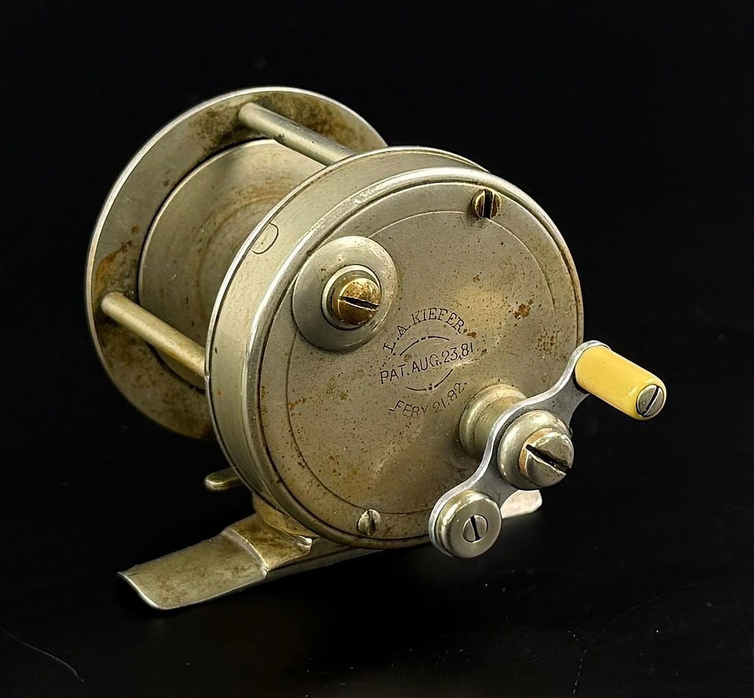L.A. Kiefer German Silver Fishing Reel: Extremely scarce, with removable foot. Handle appears to be incorrect.