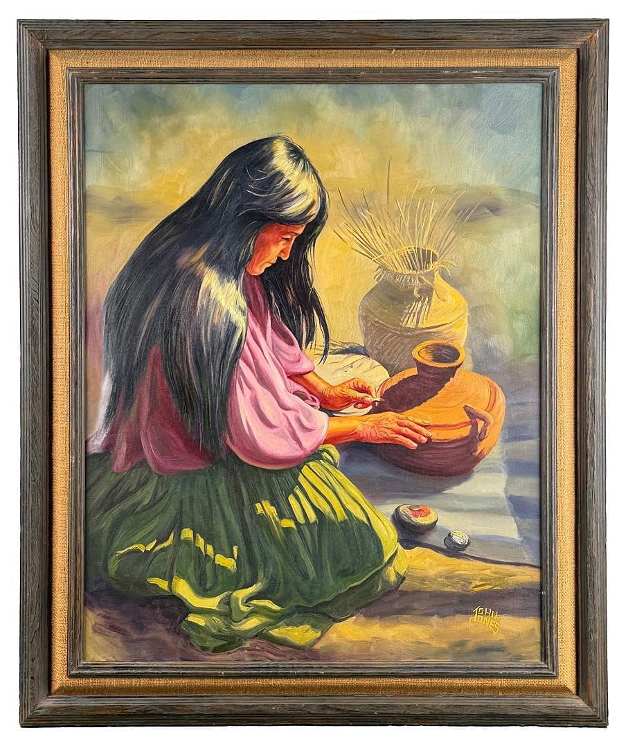 John Jones The Pottery Maker Painting: Title is The Pottery Maker. 24" by 30" unframed. 30 1/2" by 36 1/2" framed. Oil on Canvas. John T. Jones (Born 1940) is active/lives in Nebraska, New Mexico. John Jones is known for Horses, figure and