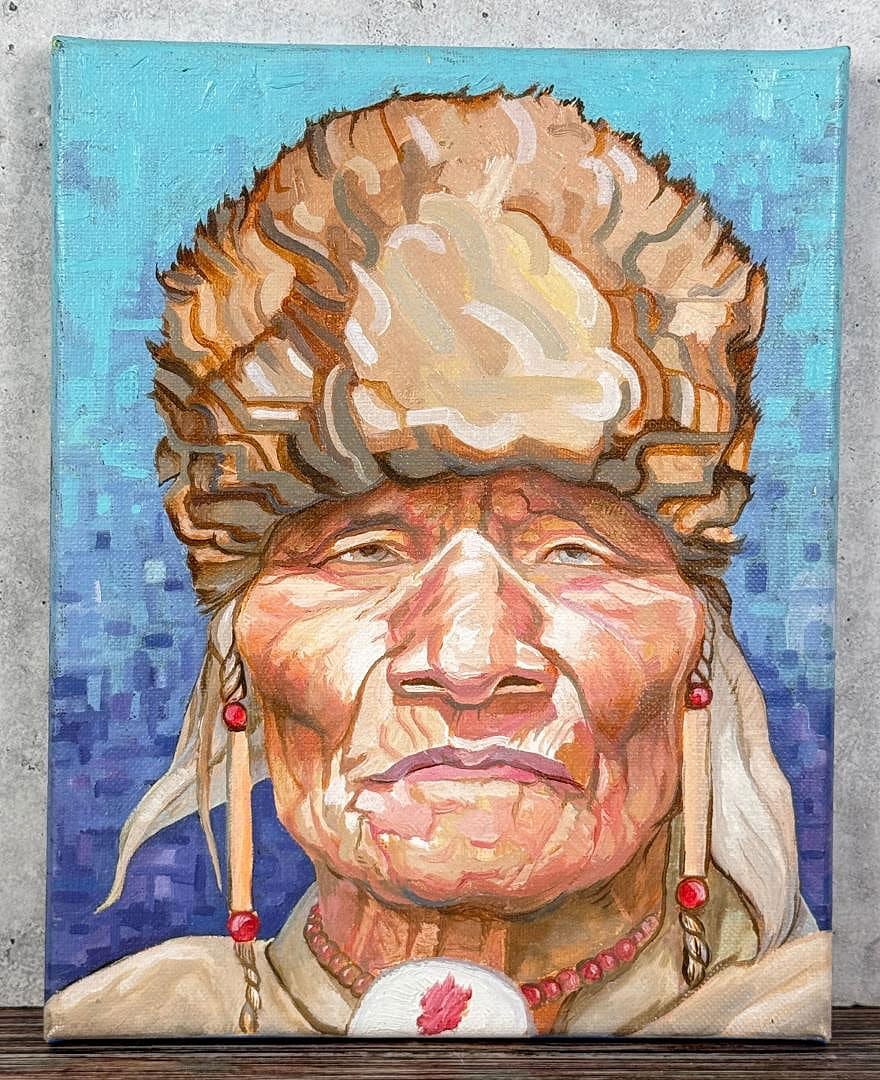 Louis Still Smoking Far Away Cough Painting: Title is Far Away Cough. 10" by 13" unframed. Acrylic on Canvas. Born and raised on the Blackfeet Indian reservation in Browning MT. Louis is an enrolled member of the Blackfeet Nation. He draws inspi