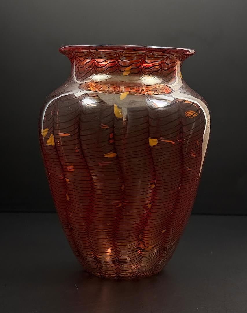 Signed Art Glass Pulled Feather Iridescent Vase: 5 3/4" tall, 4 1/2" diameter.