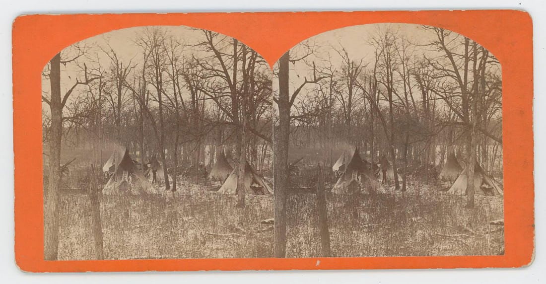N.J. Trenham Sioux Indian Camp Stereoview: Sioux Camp Lake Winona Minnesota 1876.