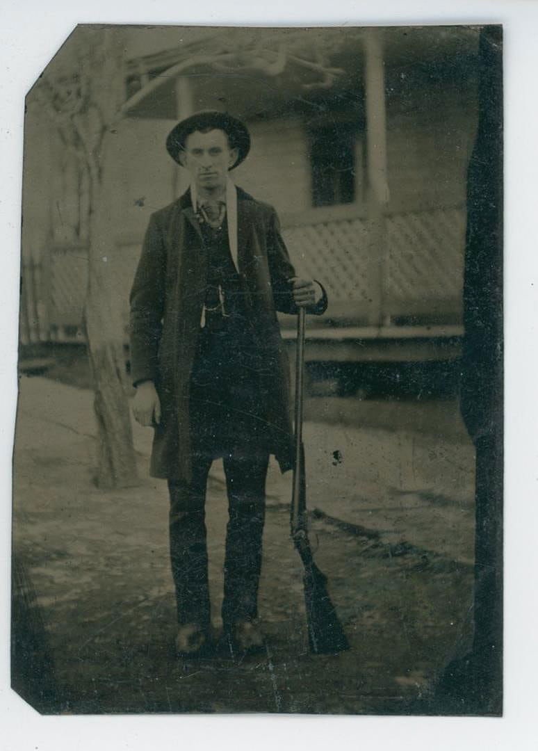 Man with SXS Double Barrel Shotgun Tintype Photo: 3 1/2" by 2 1/4".