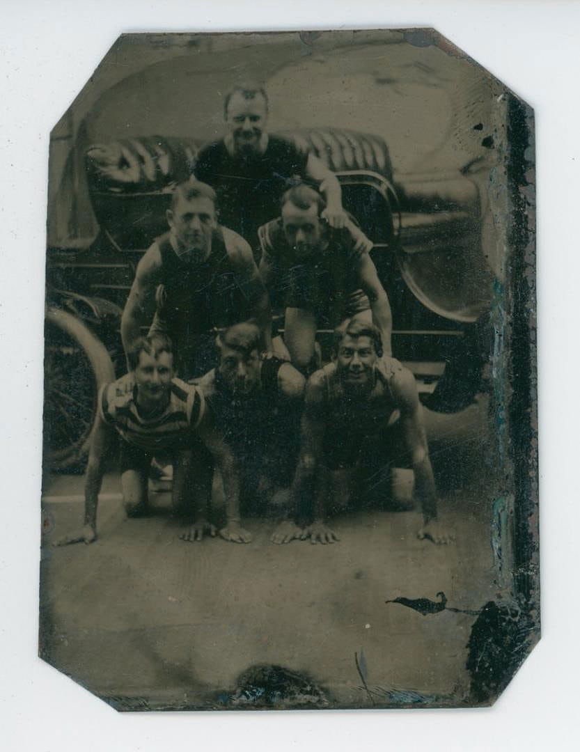 Acrobatic Bathing Suit Gay Interest Tintype Photo: Men making a Human Pyramid. All wearing Wool Bathing Suits. 2 1/2" by 3 1/2"