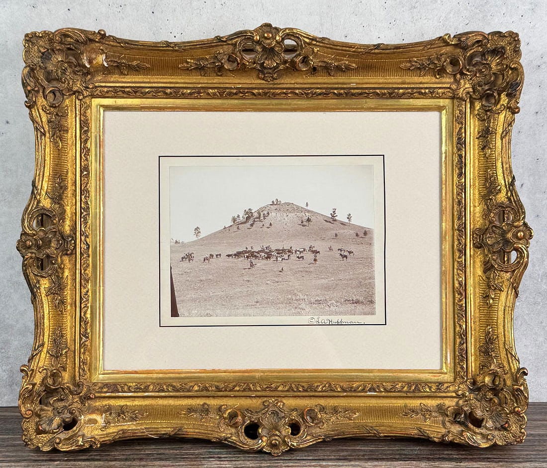 Laton Alton L.A. Huffman Montana Photo: Title is Working on a Little Bench in the Hills. 16 1/2" by 19 1/2" framed. Provenance: Lockwood's Midwestern Galleries. Laton A. Huffman (1854 - 1931) was active/lived in Montana. Laton Huffman is kn