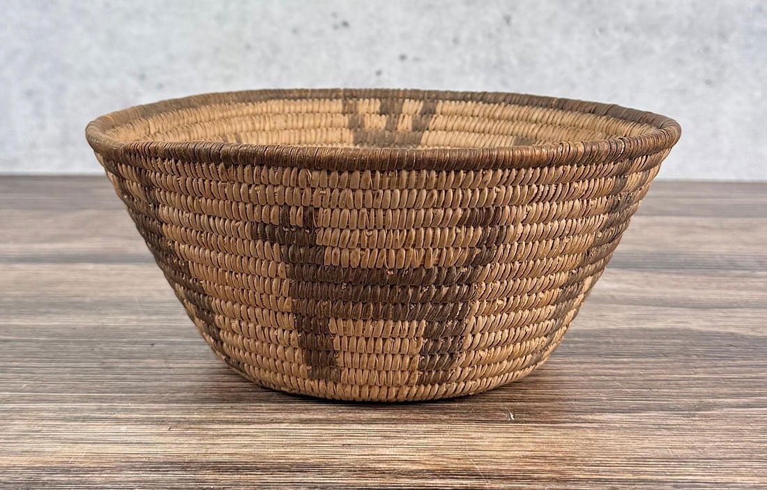 Pima Native American Indian Figural Basket: 9 1/8" diameter, 3 7/8" tall.
