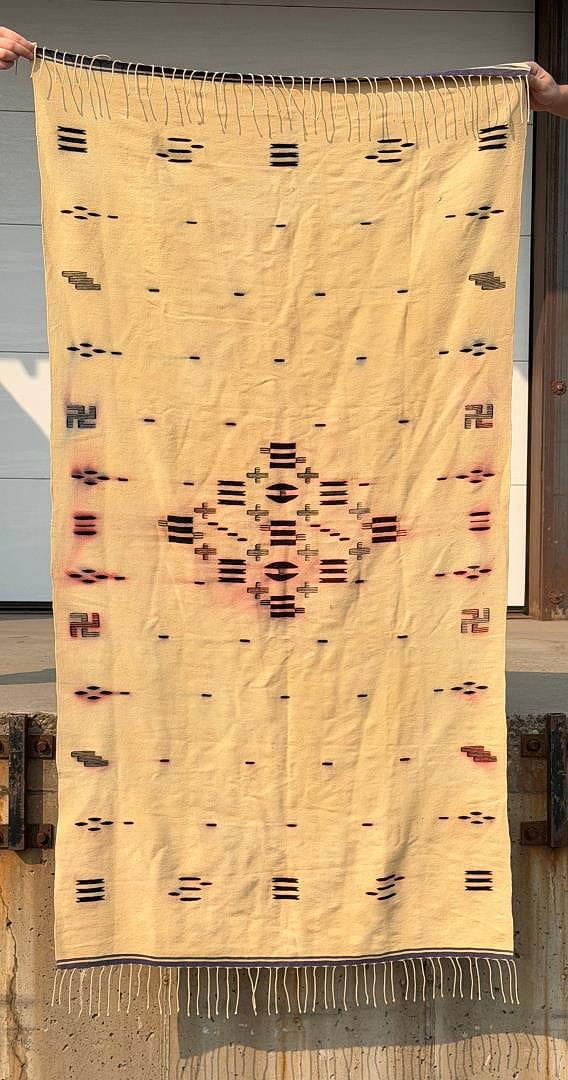 Antique Mexican Saltillo Serape Blanket: 75 1/2" by 39 1/2" without fringe. Has Swastikas or Whirling Logs on the fringe. Bleed as shown.