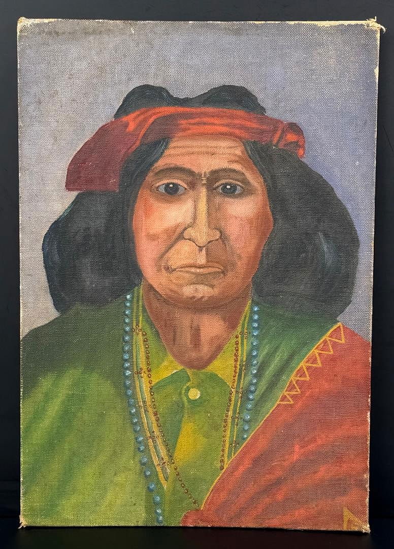 Folk Art Native American Indian Painting: Portrait of Chief Thunderbird. 12" by 17".