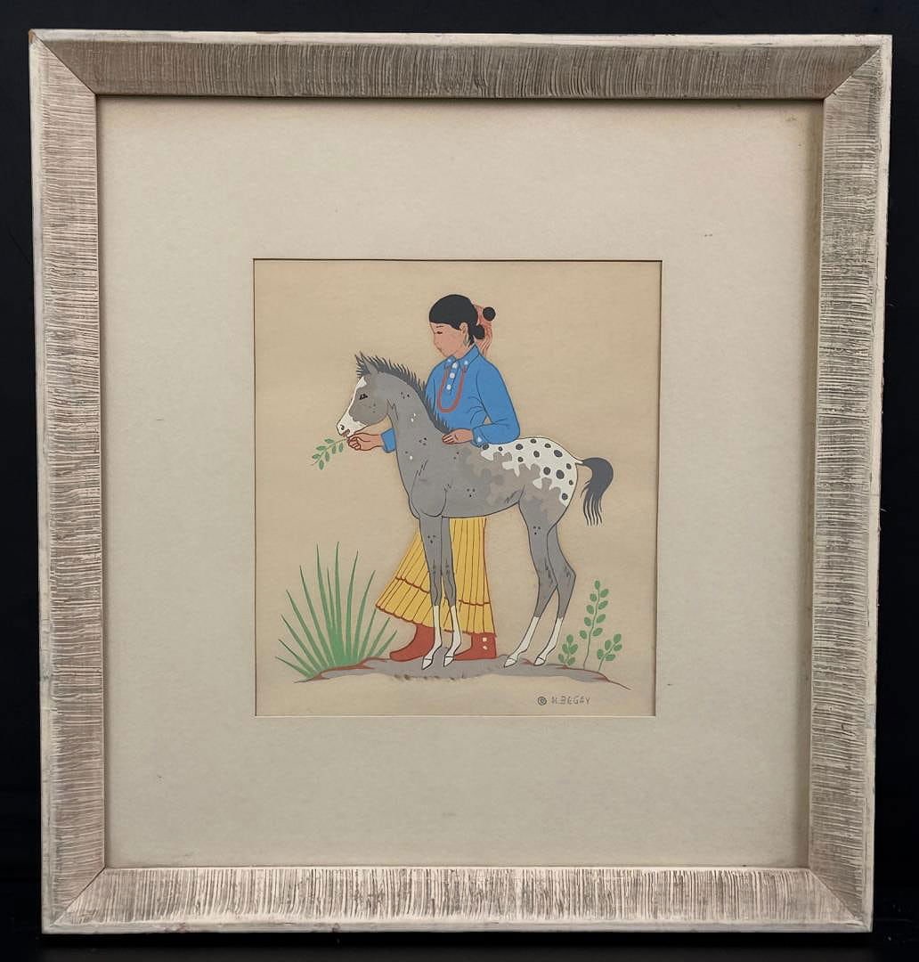 Harrison Begay Girl with Horse Serigraph: 11" by 11 1/2" framed.