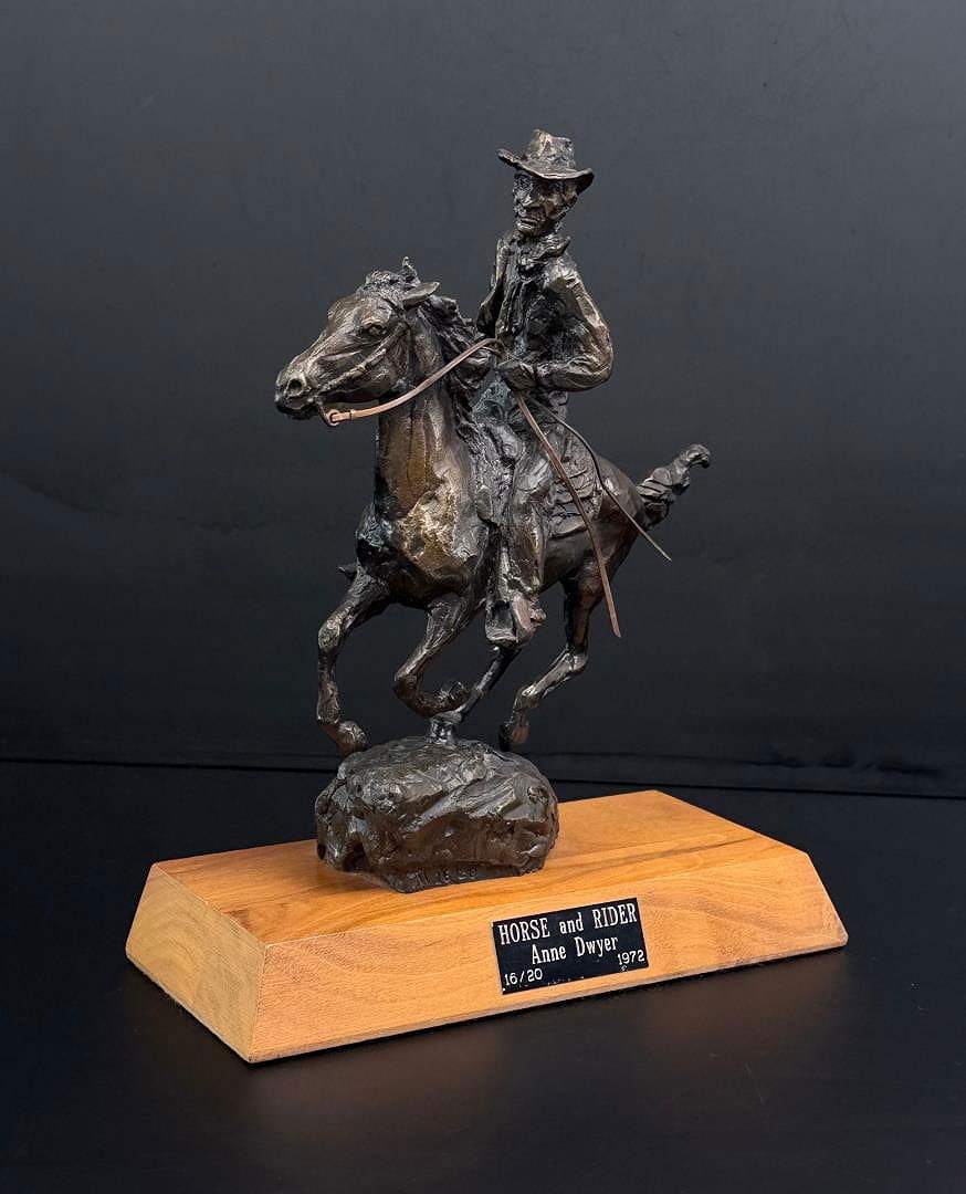 Anne Dwyer Horse and Rider Bronze: Title is Horse and Rider. 10 1/2" by 9" by 4". Edition 16 of 20. Anna Dwyer (20th century) was active/lived in Montana. Anna Dwyer is known for Horses, children, sculptor.