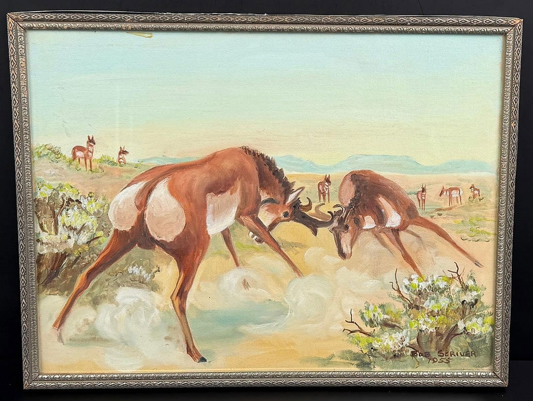 Bob Scriver Pronghorns Painting: Title is Sparring Pronghorns. 1955. 12" by 16" unframed, 13" by 17" framed. Oil on board. Bob (Robert Macfie) Scriver (1914 - 1999) was active/lived in Montana. Bob Scriver is known for Animal and wes
