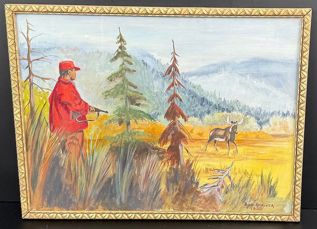 Bob Scriver Moose Hunter Painting: Title is Moose Hunter. 1955. Title is 12" by 16" unframed, 13" by 17" framed. Oil on Board. Bob (Robert Macfie) Scriver (1914 - 1999) was active/lived in Montana. Bob Scriver is known for Animal and w