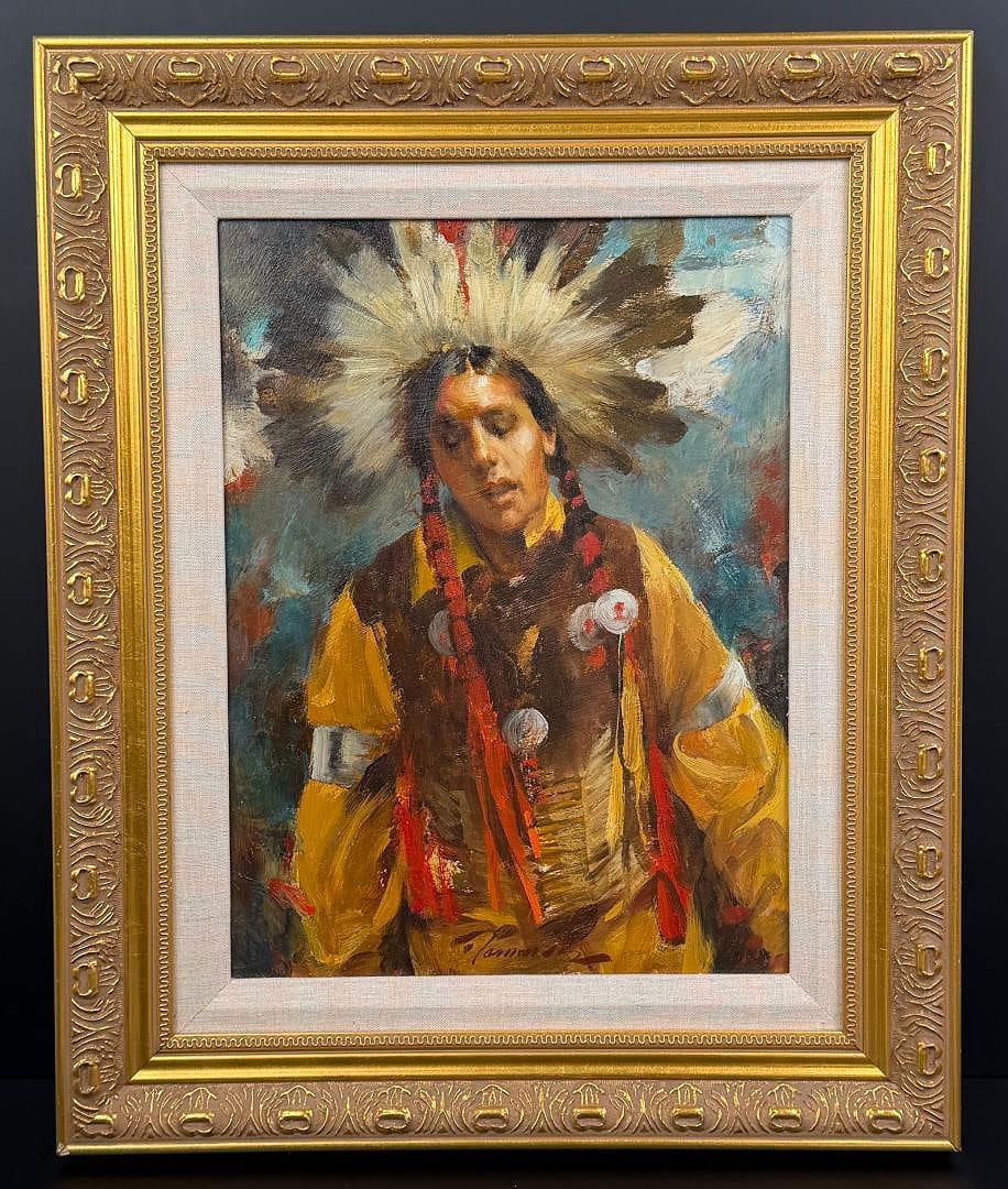 Ramon Kelley At The Sundance Sioux Painting: Title is At the Sundance, Sioux. 12" by 16" unframed, 17 7/8" by 18 1/2" framed. Oil on board. Ramon Kelley (Born 1939) is active/lives in Colorado, Wyoming. Ramon Kelley is known for Figure-nude, por