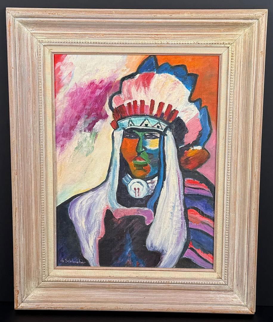 Jo Schleicher War Bonnet Painting: Title is War Bonnet. 12" by 16" unframed, 17 7/8" by 21 7/8" framed. Oil on board.