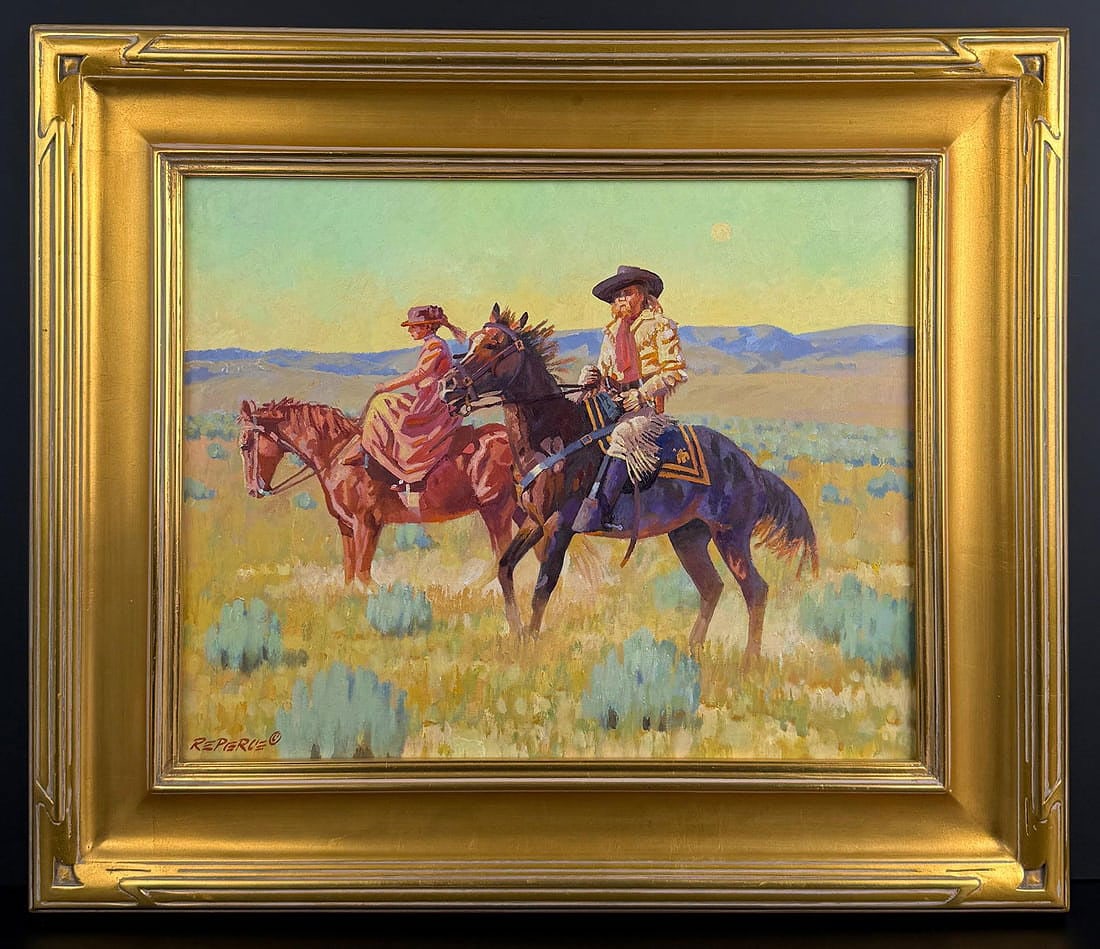 RE Pierce The Last Ride Painting: Title is The Last Ride, Audie and Libby Ft Abraham Lincoln Dakota Territory May, 1876. 16" by 20" unframed, 23 1/2" by 27 1/2" framed. Oil on board. R. E. Pierce (Born 1948) is active/lives in Oregon.