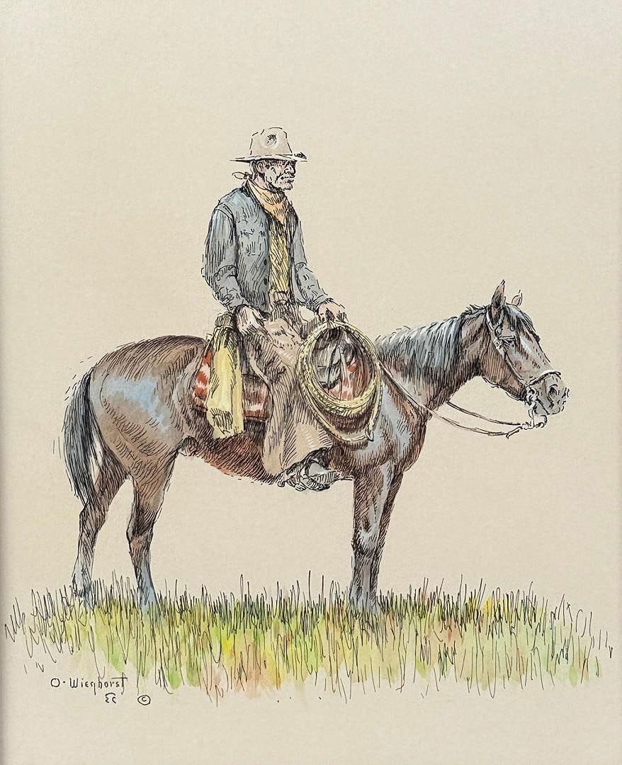 Olaf Wieghorst Cowboy on Horseback Painting: Title is Cowboy on Horseback with Drahee Kerchief. 10" by 12" unframed, 17 1/4" by 19 1/4" framed. Watercolor and ink on paper. PROVENANCE: Altermann & Morris Gallery, Connally & Altermann Gallery. Ol