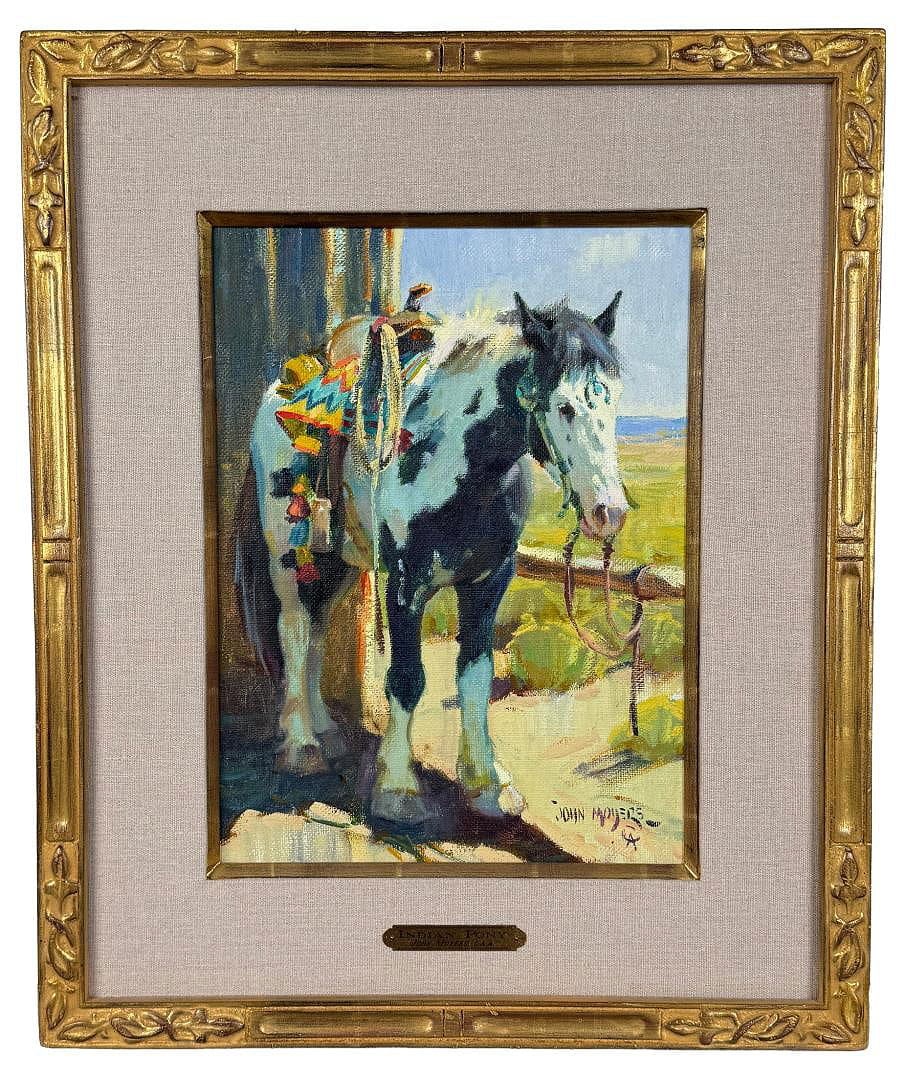 John Moyers Indian Pony Painting: Title is Indian Pony. 12" by 16" unframed, 20" by 24" framed. Oil on canvas. Provenance: Exhibitions: Phoenix, Arizona, Phoenix Art Museum, Cowboy Artists of America, Annual Sale & Exhibition, sold by