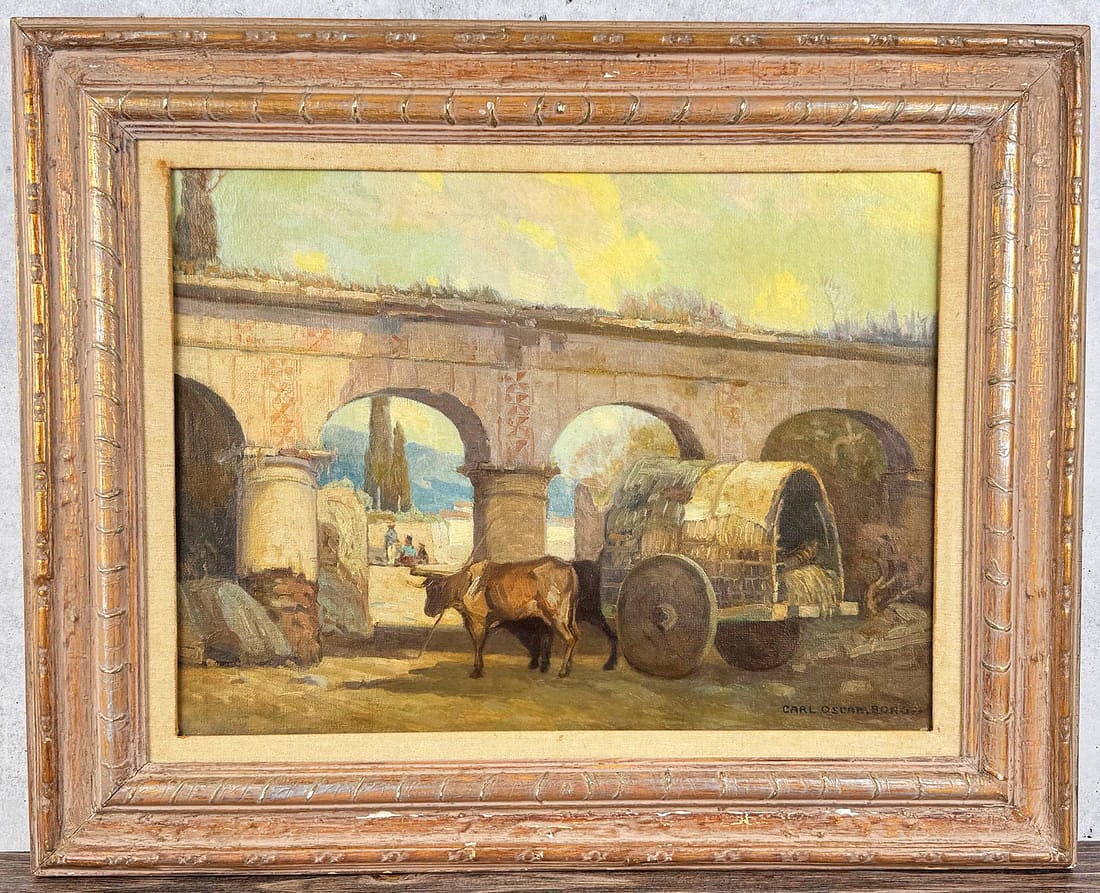 Carl Oscar Borg Entering the Plaza Painting: Title is Entering the Plaza. 17" by 23" unframed, 25" by 31" framed. Oil on canvas. Provenance: Coeur d?Alene Art Auction, 07/25/2015, Lot #301, Price: $8,775. Carl Oscar Borg (1879 - 1947) was active