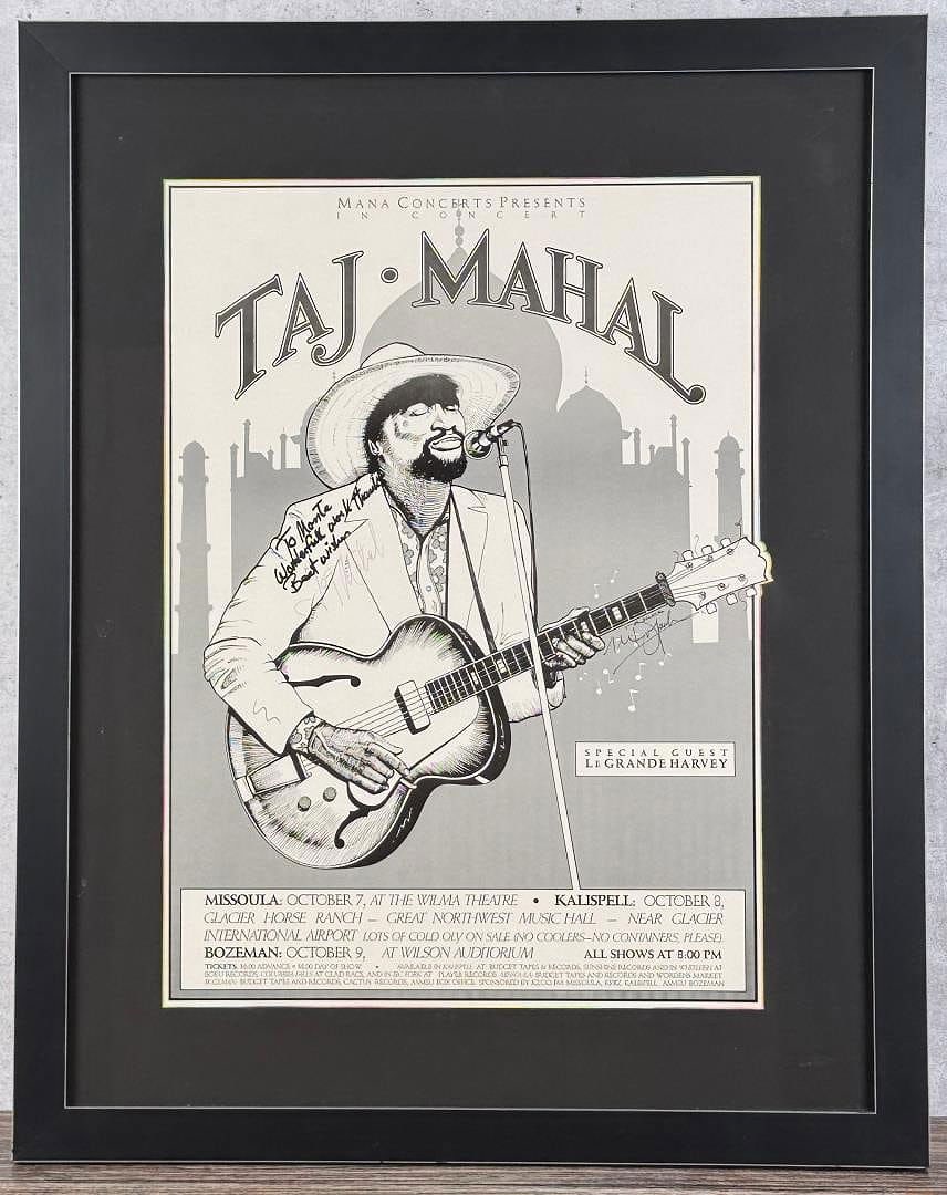 Monte Dolack Taj Mahal Signed Concert Poster: Monte Dolack designed this poster, for Taj Mahal and his concert at the Wilma Theatre in Missoula Montana. This one is signed by Monte and Taj. Very few of this poster were produced and Taj wanted to 