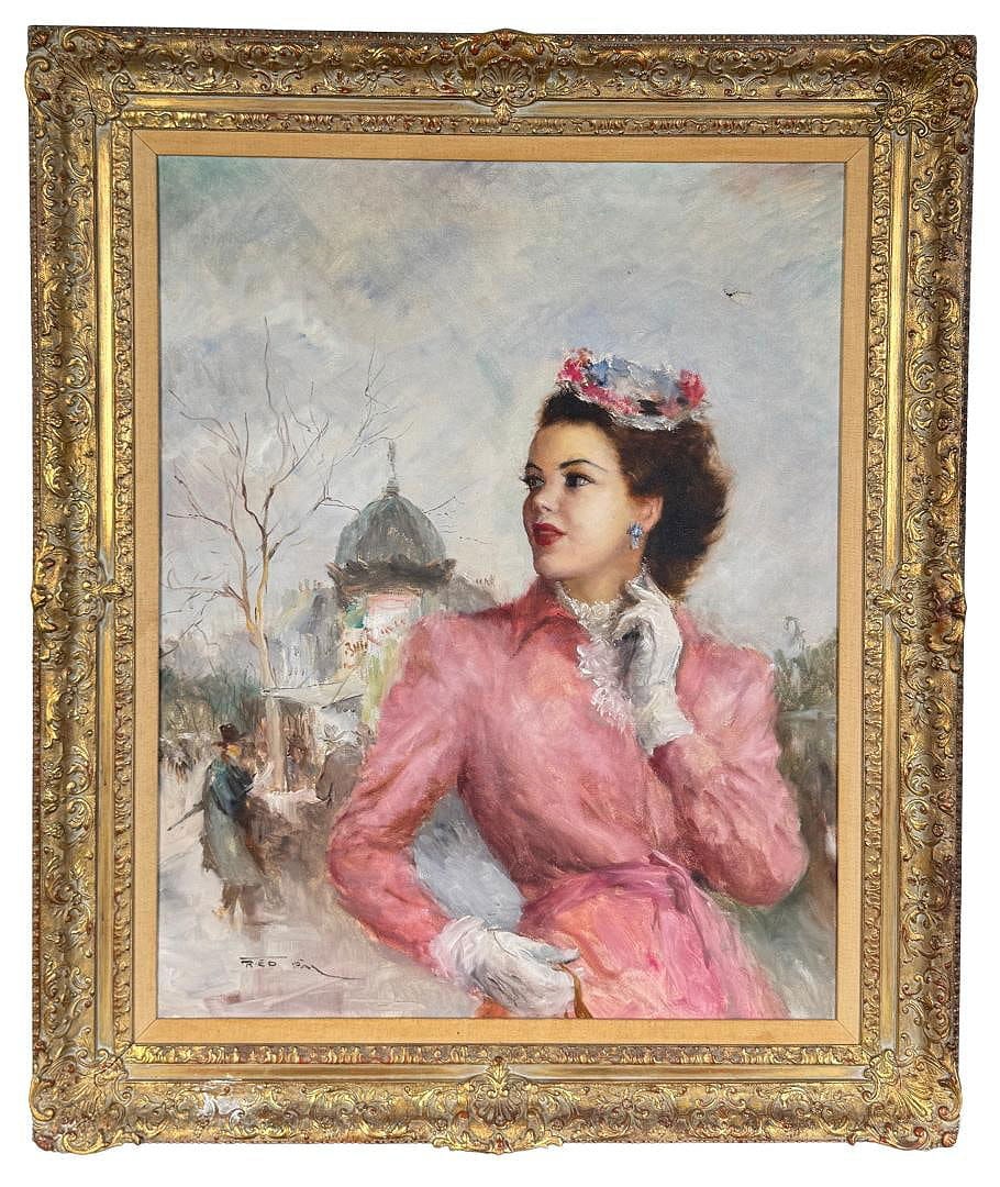 Pal Fried On the Boulevard Painting: Title is On the Boulevard. 32" by 38" framed. Measures 24" by 30" unframed. Oil on canvas. Condition: Hole on the top right of the canvas as shown. Pal Fried, 1893 Budapest - 1976 New York City. Known